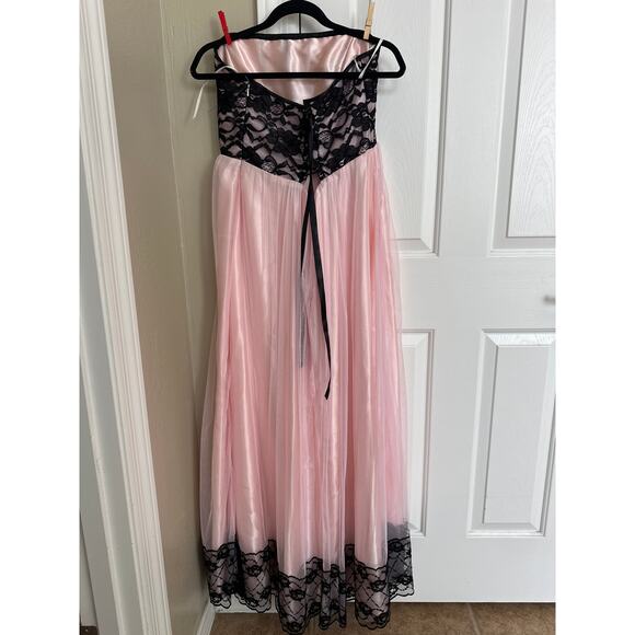Jessica McClintock Pink Black Lace Strapless Formal Gown Dress Maxi Evening Prom - Picture 3 of 8